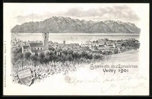 Lithographie Vevey, Exposition 1901, Ausstellung, Panorama du Ville