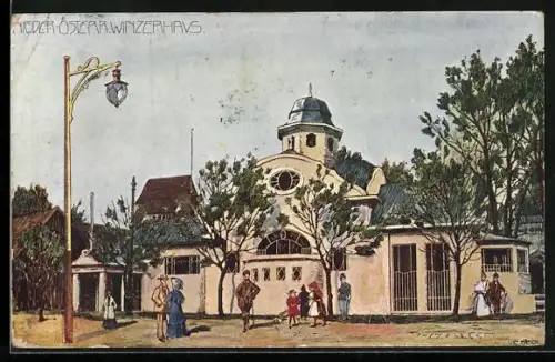 Künstler-AK Ulf Seidl: Wien, Intern. Jagd-Ausstellung 1910, niederösterr. Winzerhaus
