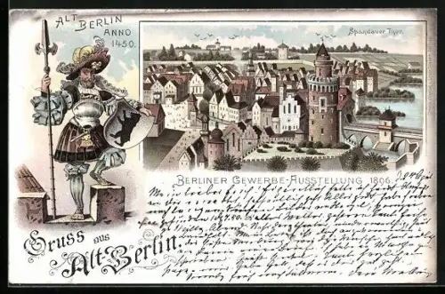 Lithographie Berlin, Gewerbe-Ausstellung 1896, Spandauer Thor aus