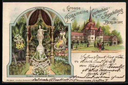 Lithographie Berlin, Allgemeine Gartenbau-Ausstellung 1897, Halle III., Gruppe: J. C. Schmidt