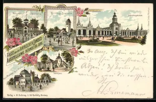 Lithographie Nürnberg, Bayerische Landesausstellung 1896, Industriegebäude, Nürnberger Bierhalle, Münchener Bierhalle