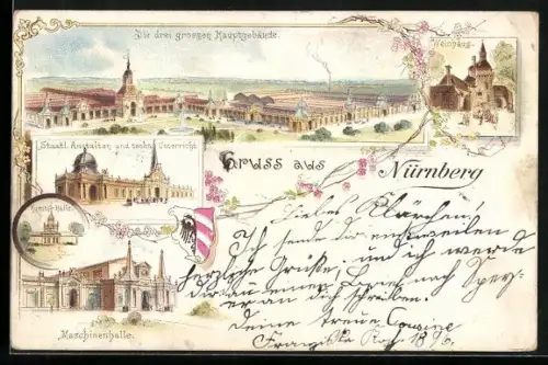 Lithographie Nürnberg, Maschinenhalle, Weinhaus, Staatl. Anstalten u. techn. Unterricht