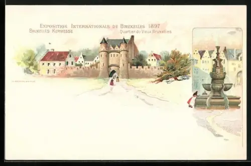 Lithographie Bruxelles, Exposition Internationale 1897, Quartier du Vieux Bruxelles