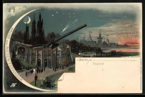 Lithographie Berlin-Treptow, Riesen-Fernrohr mit Besuchern