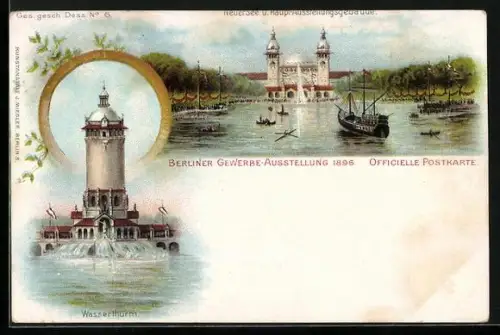 Lithographie Berlin, Gewerbe-Ausstellung 1896, Neuer See mit Hauptbau und Wasserturm