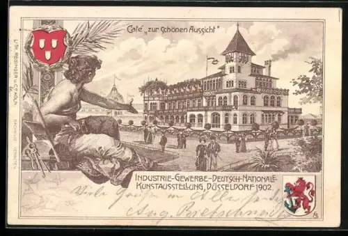 AK Düsseldorf, Industrie-, Gewerbe- und Kunst-Ausstellung 1902, Cafe zur schönen Aussicht, Muse mit Hammer, Wappen