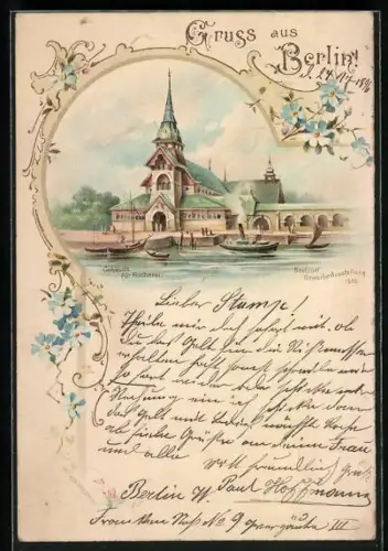 Lithographie Berlin, Berliner Gewerbe-Ausstellung 1896, Gebäude für Fischerei