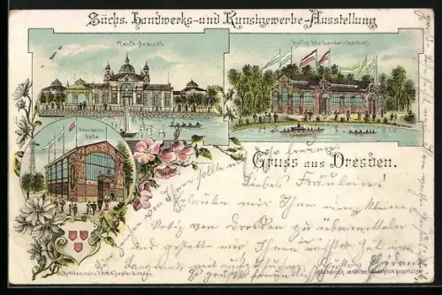Lithographie Dresden, Sächs. Handwerks- und Kunstgewerbeausstellung, Druckeri, Teich, Halle für Landwirtschaft