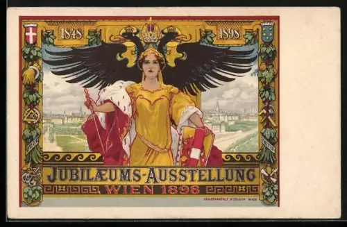 Künstler-AK Wien, Jubiläumsausstellung 1898, Göttin mit Wappen, Panoramaansicht des Ortes