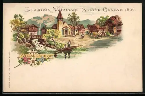 Lithographie Geneve, Exposition Nationale Suisse 1896, Village Suisse, Ruderboot, Pferdewagen