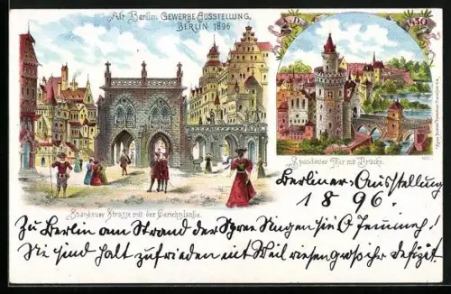Lithographie Berlin, Gewerbe-Ausstellung 1896, Spandauer Thor mit Brücke