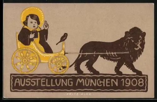 Künstler-AK sign. Fritz Klee: München, Ausstellung 1908, Kindl und Löwe