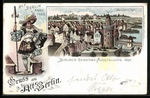 Lithographie Berlin, Gewerbe-Ausstellung 1896, Spandauer Thor aus