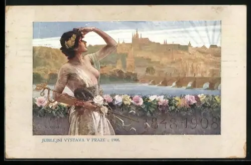 AK Prag / Praze, Jubilejni Výstava v Praze 1908, Ausstellung 1908, Frau blickt auf die Stadt, Jugendstil
