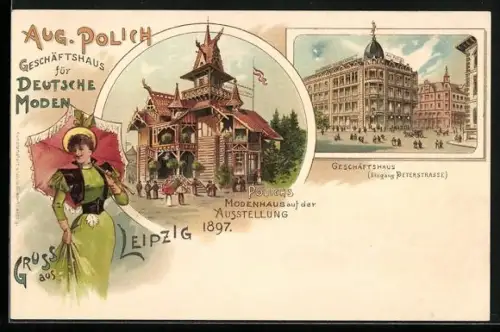 Lithographie Leipzig, Ausstellung 1897, Polichs Modenhaus, Geschäftshaus für Deutsche Moden in der Peterstrasse