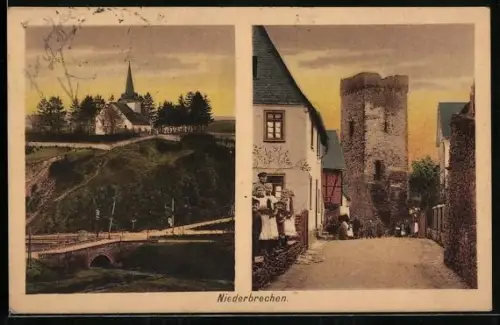 AK Niederbrechen, Kirche mit Brücke, Turm
