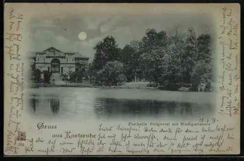 Mondschein-AK Karlsruhe, Festhalle Südportal mit Stadtgartensee