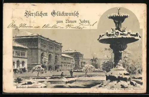 Künstler-AK Hannover, Bahnhof mit Brunnen im Winter, Neujahrsgruss