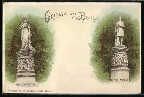 Lithographie Berlin-Tiergarten, Königin Luise und Friedrich Wilhelm III. Denkmäler