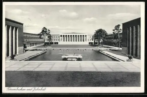 AK Berlin-Charlottenburg, Reichsakademie für Leibesübungen, Forumbecken und Jahnhof