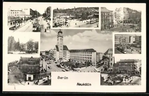 AK Berlin, Neukölln, Rathaus, Post, Strassenpartie mit Strassenbahn