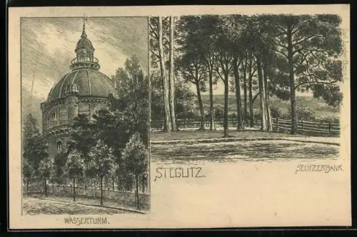 Künstler-AK Berlin-Steglitz, Fichteberg, Wasserturm und Seufzerbank