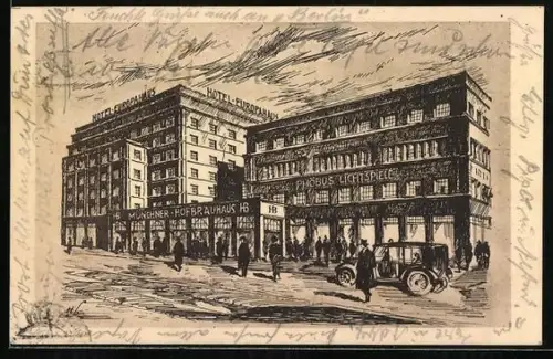 Künstler-AK Berlin-Kreuzberg, Münchner Hofbräu-Ausschank im Europahaus