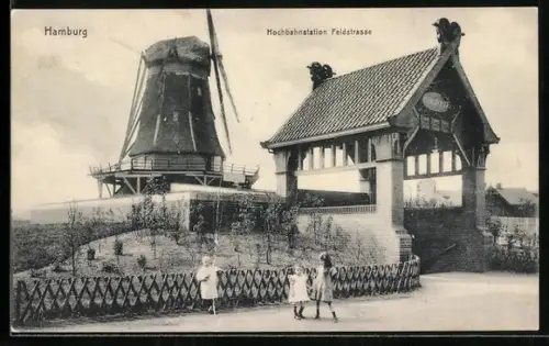 AK Hamburg-St.Pauli, Hochbahnstation Feldstrasse mit Windmühle