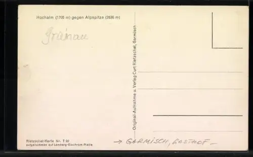 AK Hochalm-Hütte, Ansicht der Berghütte gegen Alpspitze