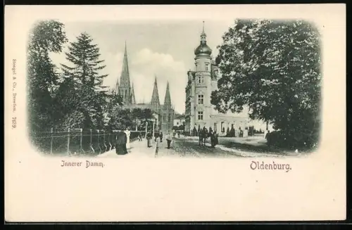 AK Oldenburg / Gr., Strasse Innerer Damm mit Kirche