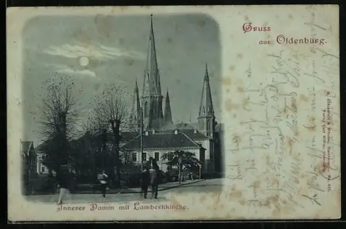 Mondschein-AK Oldenburg / Grossh., Innerer Damm mit Lambertikirche