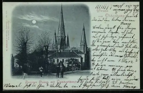 Mondschein-AK Oldenburg / Grossh., Innerer Damm mit Lambertikirche
