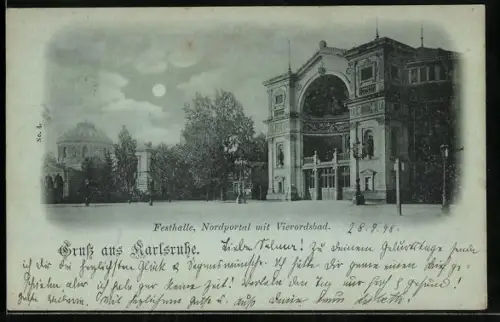 Mondschein-AK Karlsruhe, Festhalle, Nordportal mit Vierordsbad