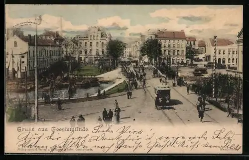 AK Geestemünde, Brücke und Strassenpartie mit Strassenbahn