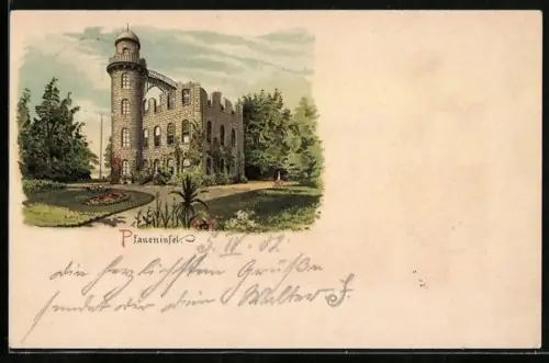 Lithographie Berlin-Wannsee, Pfaueninsel, Schlossruine