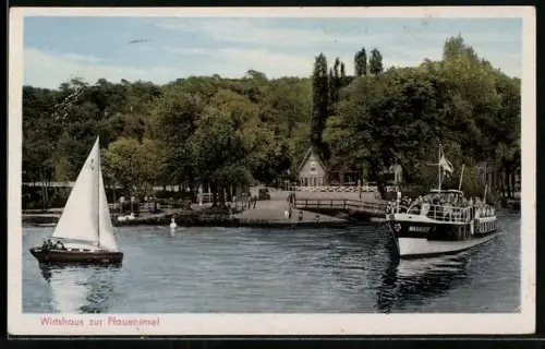 AK Berlin-Wannsee, Wirtshaus zur Pfaueninsel, Dampfer, Segelboot