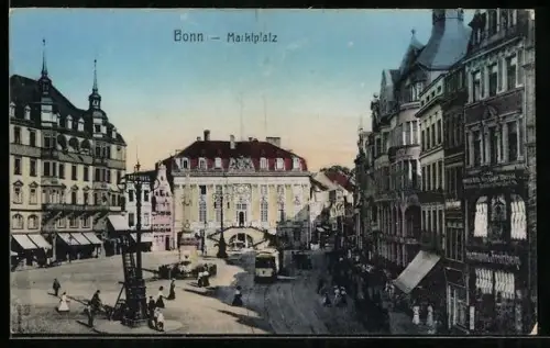 AK Bonn, Marktplatz mit Geschäften und Strassenbahn