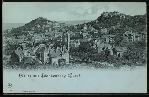Mondschein-AK Blankenburg /Harz, Teilansicht mit Schloss