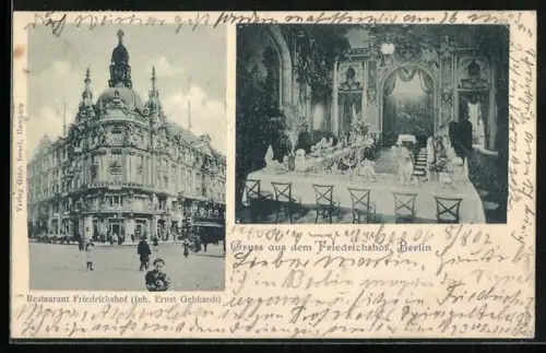 AK Berlin, Restaurant Friedrichshof E. Gebhardt, Aussen- und Innenansicht, Friedrichstrasse