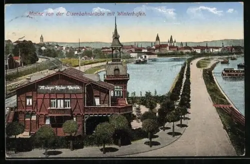 AK Mainz, Eisenbahnbrücke, Winterhafen, Mainzer Ruder-Verein