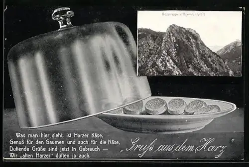 AK Brocken / Harz, Blick auf Brocken-Hotel und Aussichtsturm, Harzer Käse