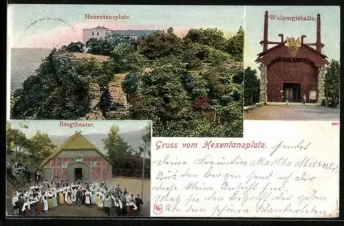 AK Thale, Partie auf dem Hexentanzplatz mit Walpurgishalle und Bergtheater