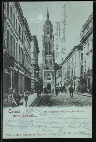 Mondschein-AK Krefeld, Reinstrasse mit Dionysiuskirche