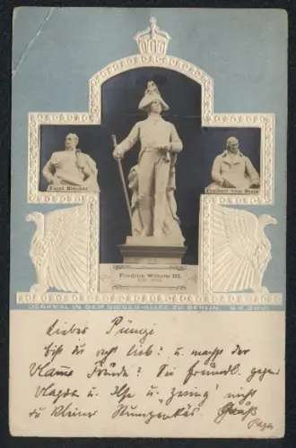 Präge-AK Berlin, Denkmal in der Sieges-Allee, Friedrich Wilhelm III., Fürst Blücher und Freiherr von Stein, Passepartout