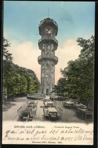 AK Löbau, Friedrich August-Turm mit Gartenwirtschaft