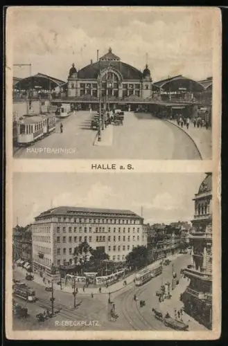 AK Halle a. S., Hauptbahnhof mit Strassenbahn, Riebeckplatz