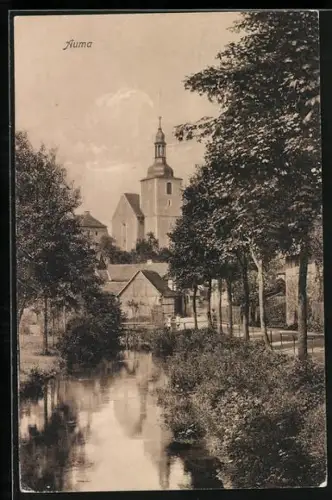 AK Auma, Uferpartie mit Kirche