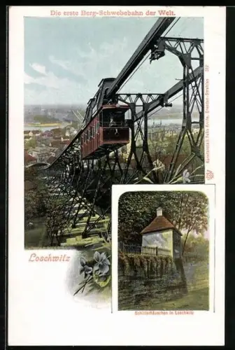 AK Loschwitz, Schwebebahn Nr. 1 fährt bergan, Schillerhäuschen