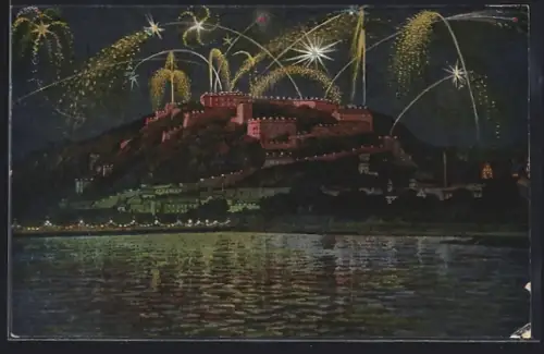 AK Ehrenbreitstein am Rhein, Ortsansicht mit Feuerwerk