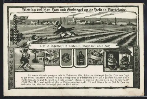 AK Buxtehude, Ortsansicht, Sage: Wettlop twischen Has & Swinegel up de Heid
